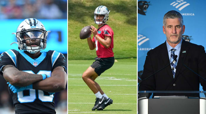 Terrace Marshall Jr. crosses his arms; Bryce Young throws the ball; Frank Reich stands behind a podium